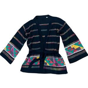 Vintage 70s Rainbow Geometric Knit Cardigan Belted Tribal Tie Sweater Large -